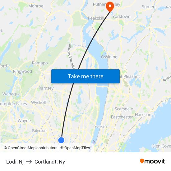 Lodi, Nj to Cortlandt, Ny map