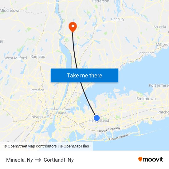 Mineola, Ny to Cortlandt, Ny map