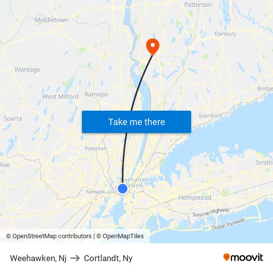 Weehawken, Nj to Cortlandt, Ny map