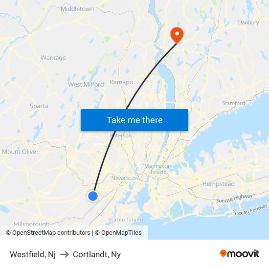 Westfield, Nj to Cortlandt, Ny map