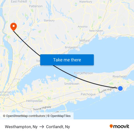 Westhampton, Ny to Cortlandt, Ny map