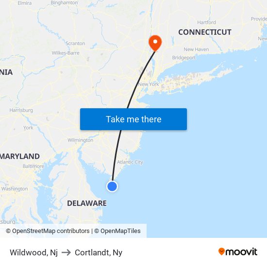 Wildwood, Nj to Cortlandt, Ny map