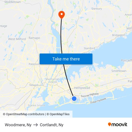 Woodmere, Ny to Cortlandt, Ny map