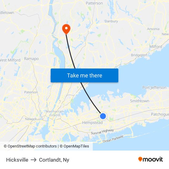 Hicksville to Cortlandt, Ny map