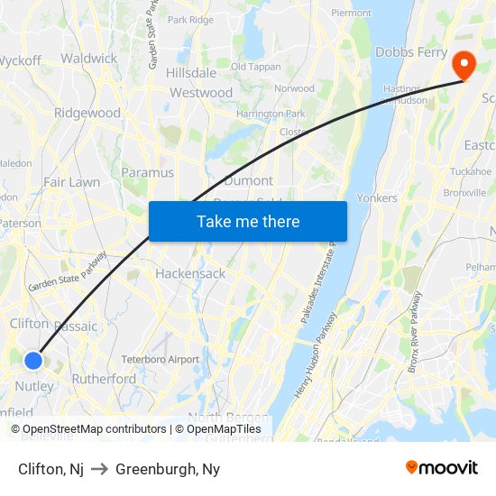 Clifton, Nj to Greenburgh, Ny map