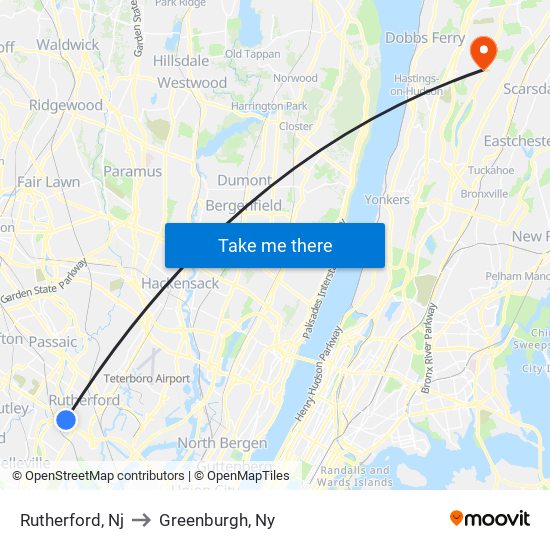 Rutherford, Nj to Greenburgh, Ny map
