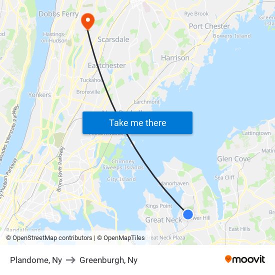 Plandome, Ny to Greenburgh, Ny map