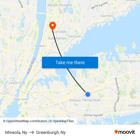 Mineola, Ny to Greenburgh, Ny map