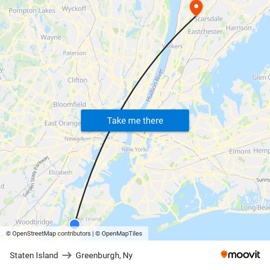 Staten Island to Greenburgh, Ny map