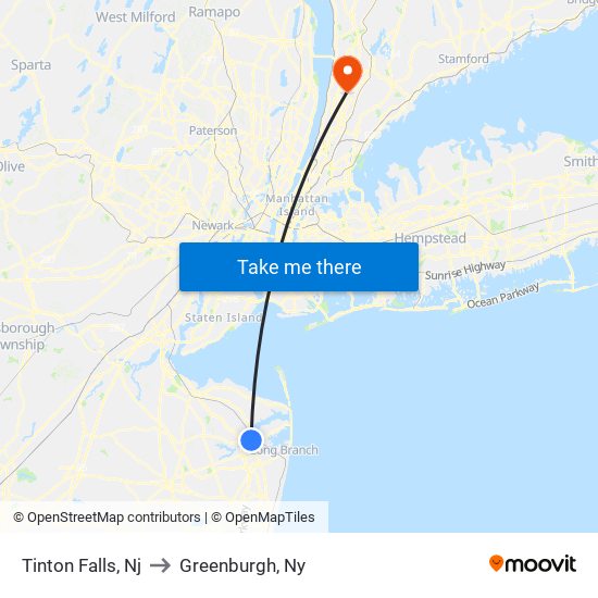 Tinton Falls, Nj to Greenburgh, Ny map