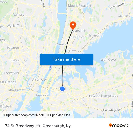 74 St-Broadway to Greenburgh, Ny map