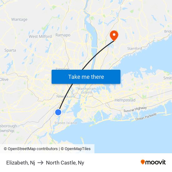 Elizabeth, Nj to North Castle, Ny map