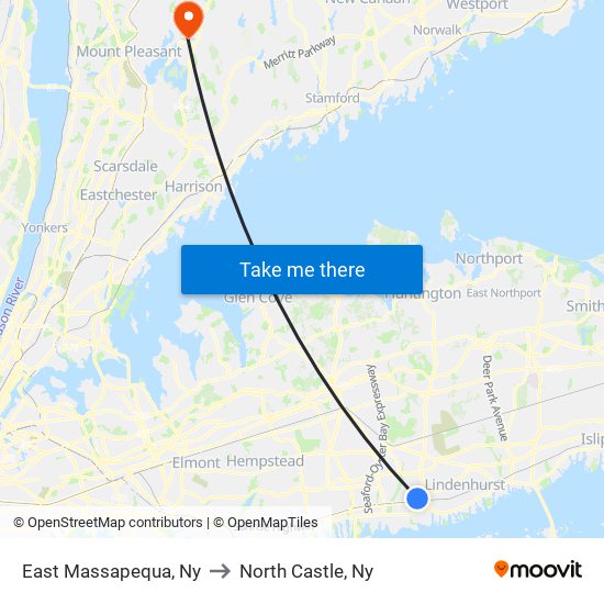 East Massapequa, Ny to North Castle, Ny map