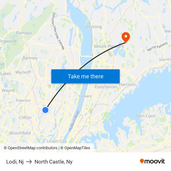 Lodi, Nj to North Castle, Ny map