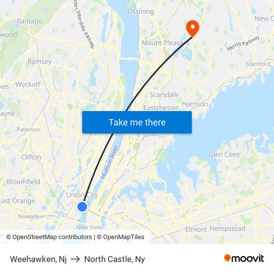 Weehawken, Nj to North Castle, Ny map