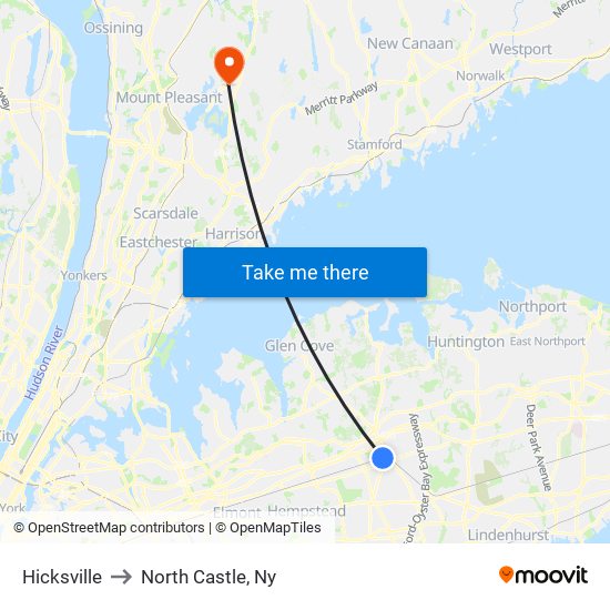 Hicksville to North Castle, Ny map