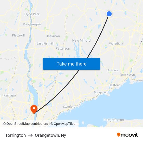 Torrington to Orangetown, Ny map