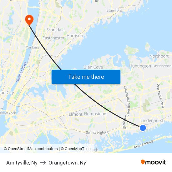 Amityville, Ny to Orangetown, Ny map