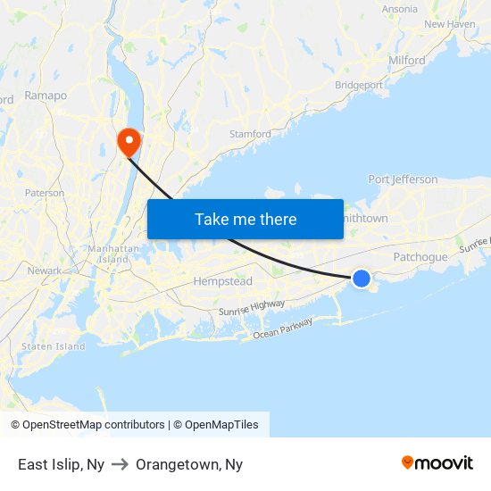 East Islip, Ny to Orangetown, Ny map