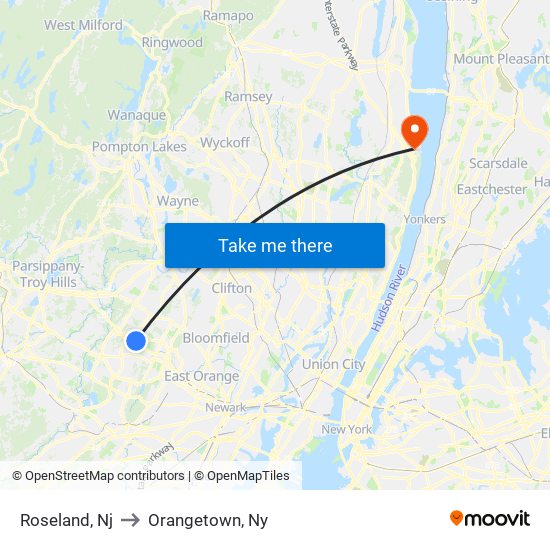 Roseland, Nj to Orangetown, Ny map