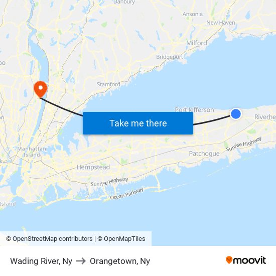 Wading River, Ny to Orangetown, Ny map