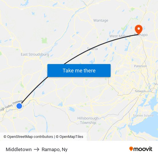 Middletown to Ramapo, Ny map