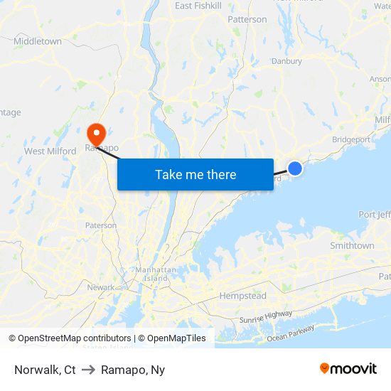 Norwalk, Ct to Ramapo, Ny map