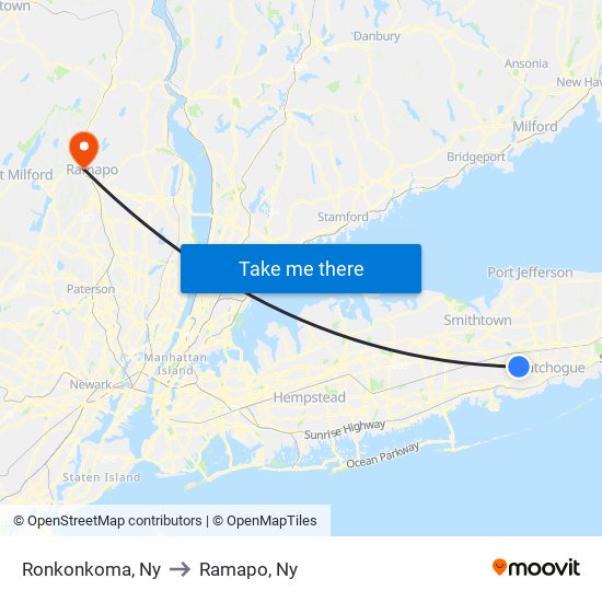 Ronkonkoma, Ny to Ramapo, Ny map