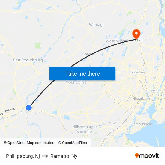 Phillipsburg, Nj to Ramapo, Ny map