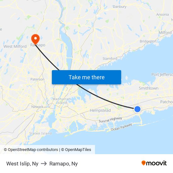 West Islip, Ny to Ramapo, Ny map