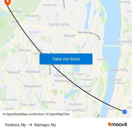 Yonkers, Ny to Ramapo, Ny map