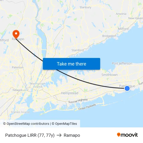 Patchogue LIRR (77, 77y) to Ramapo map