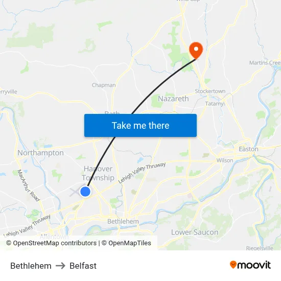 Bethlehem to Belfast map