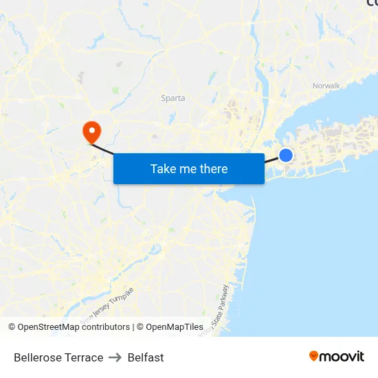 Bellerose Terrace to Belfast map