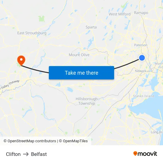 Clifton to Belfast map