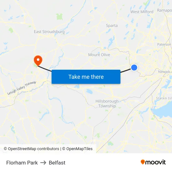 Florham Park to Belfast map