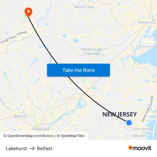 Lakehurst to Belfast map
