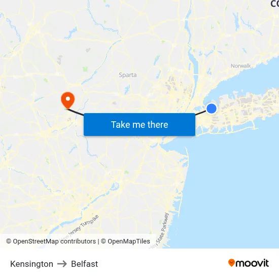 Kensington to Belfast map