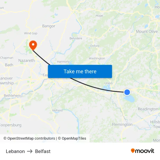 Lebanon to Belfast map