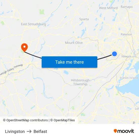 Livingston to Belfast map