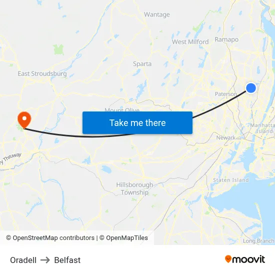 Oradell to Belfast map