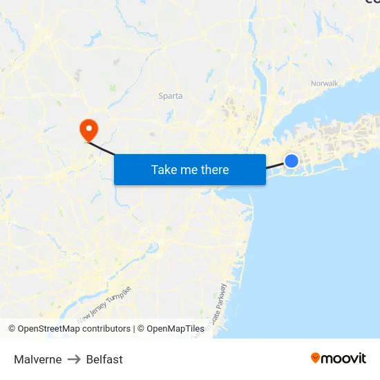 Malverne to Belfast map