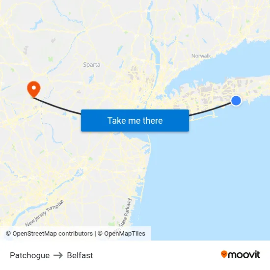 Patchogue to Belfast map