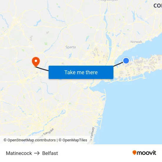 Matinecock to Belfast map