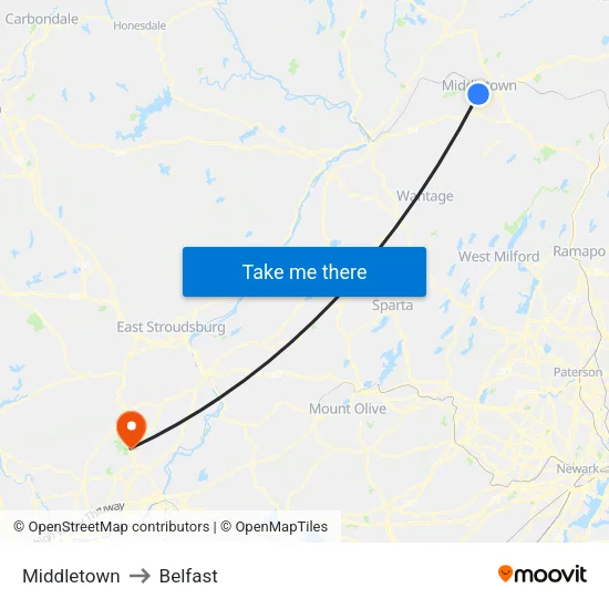 Middletown to Belfast map
