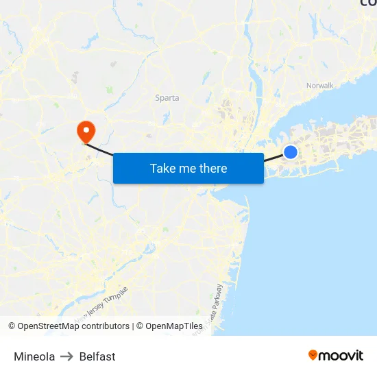Mineola to Belfast map