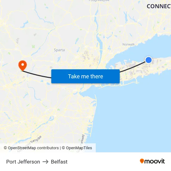 Port Jefferson to Belfast map
