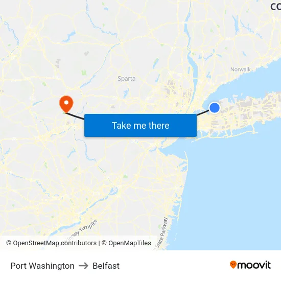 Port Washington to Belfast map