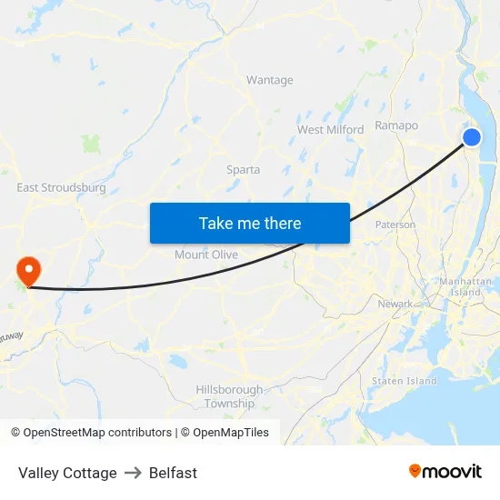 Valley Cottage to Belfast map