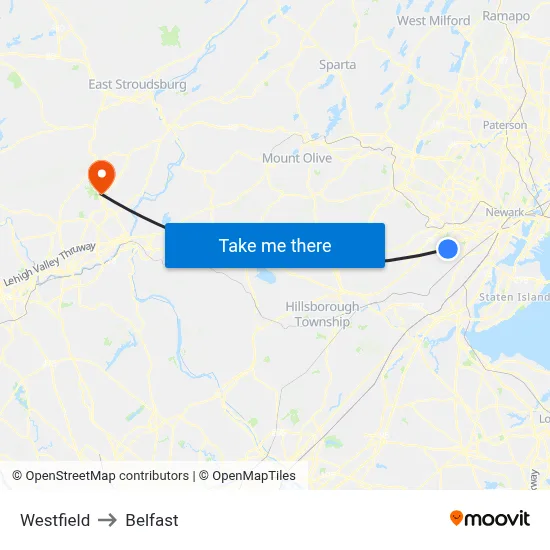 Westfield to Belfast map
